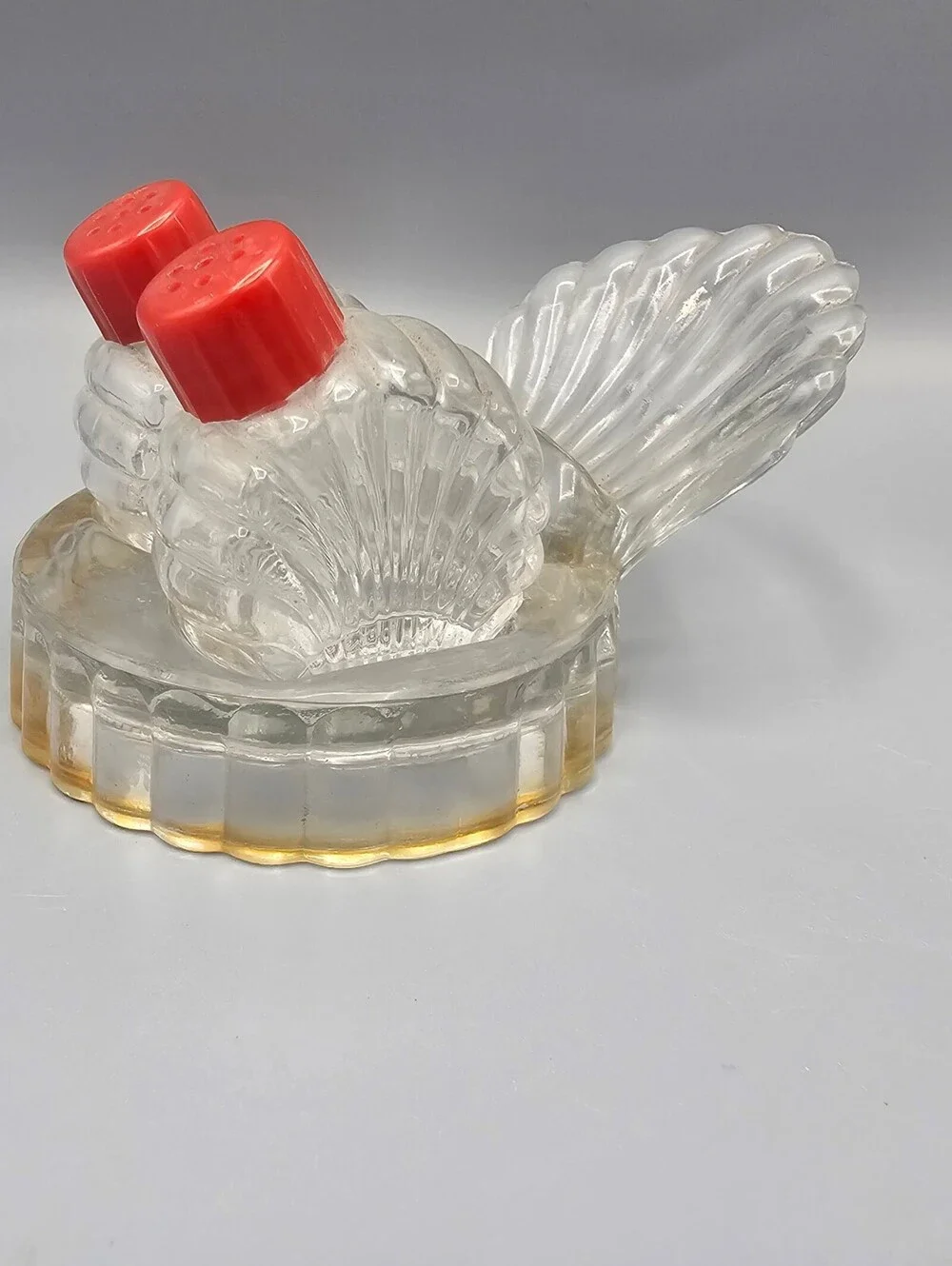 Vintage Glass Shell Shaped Salt and Pepper Shakers with Holder